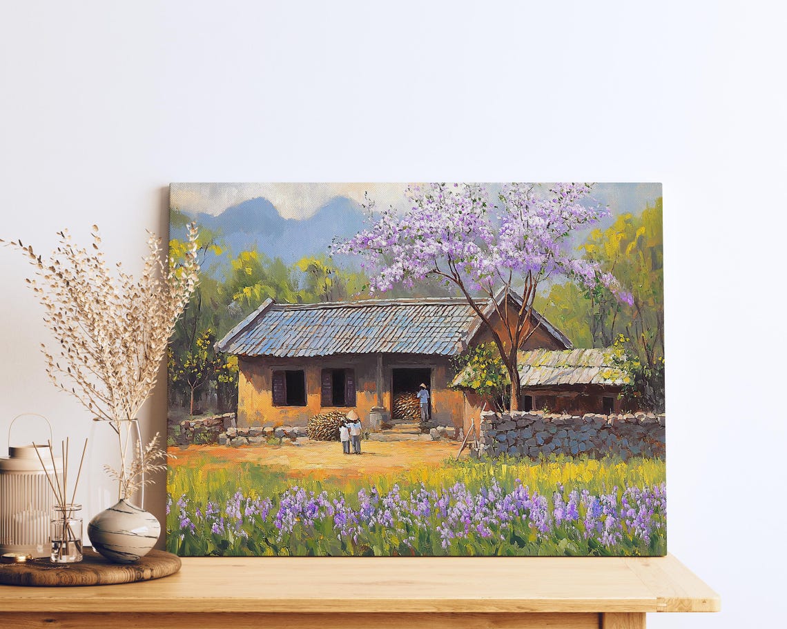 Vietnamese Village Spring Blossoms Farmhouse Oil Painting Poster