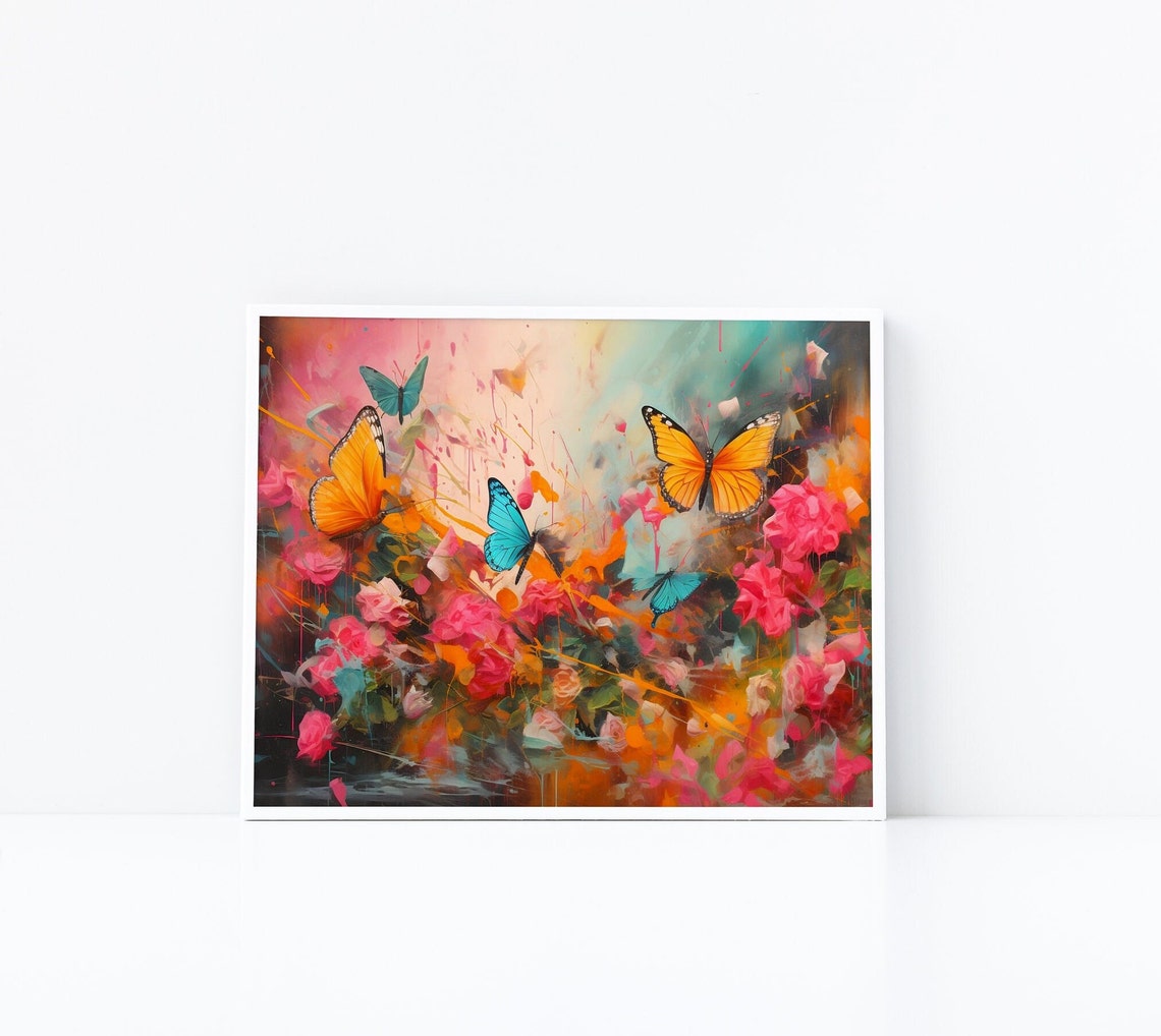 Butterfly Garden Painting Monarch Butterflies Pink Roses Poster - Image 2