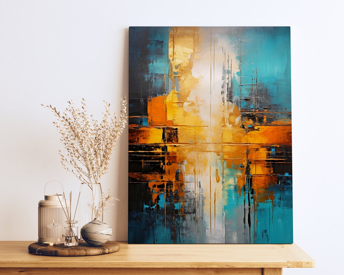 Teal and Amber Abstract Dripping Textured Modern Painting Poster
