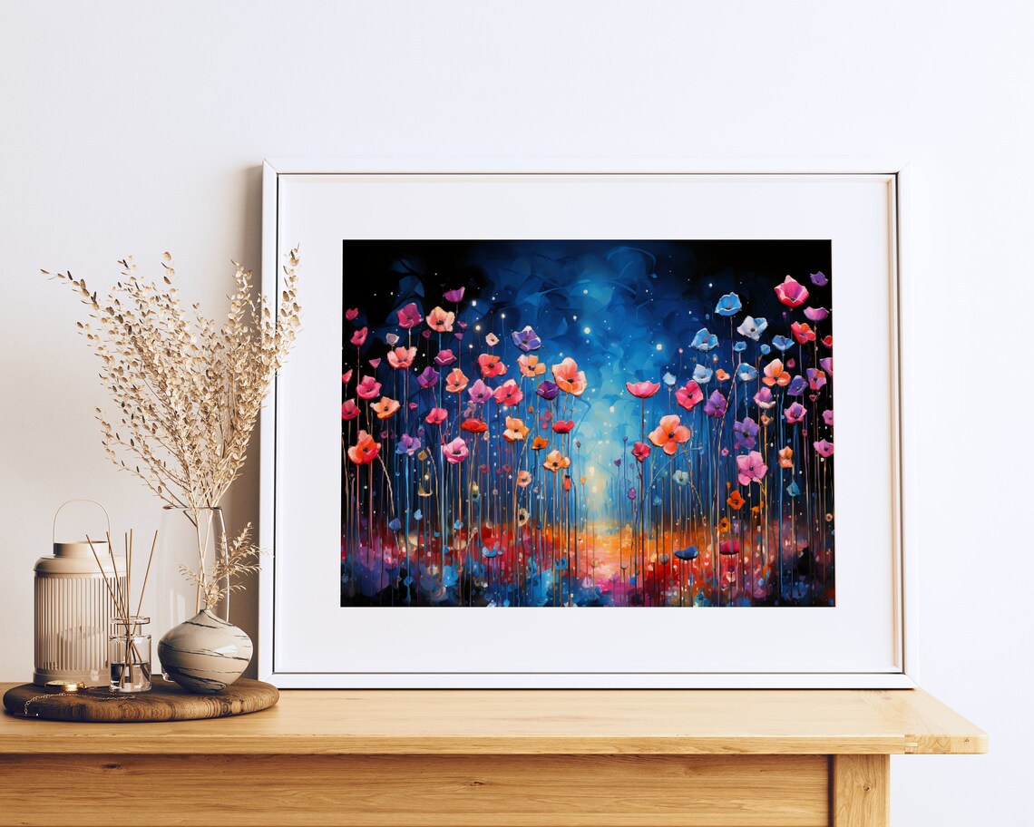 Wildflower Meadow Night Painting Pink Blue Blooms Garden Poster