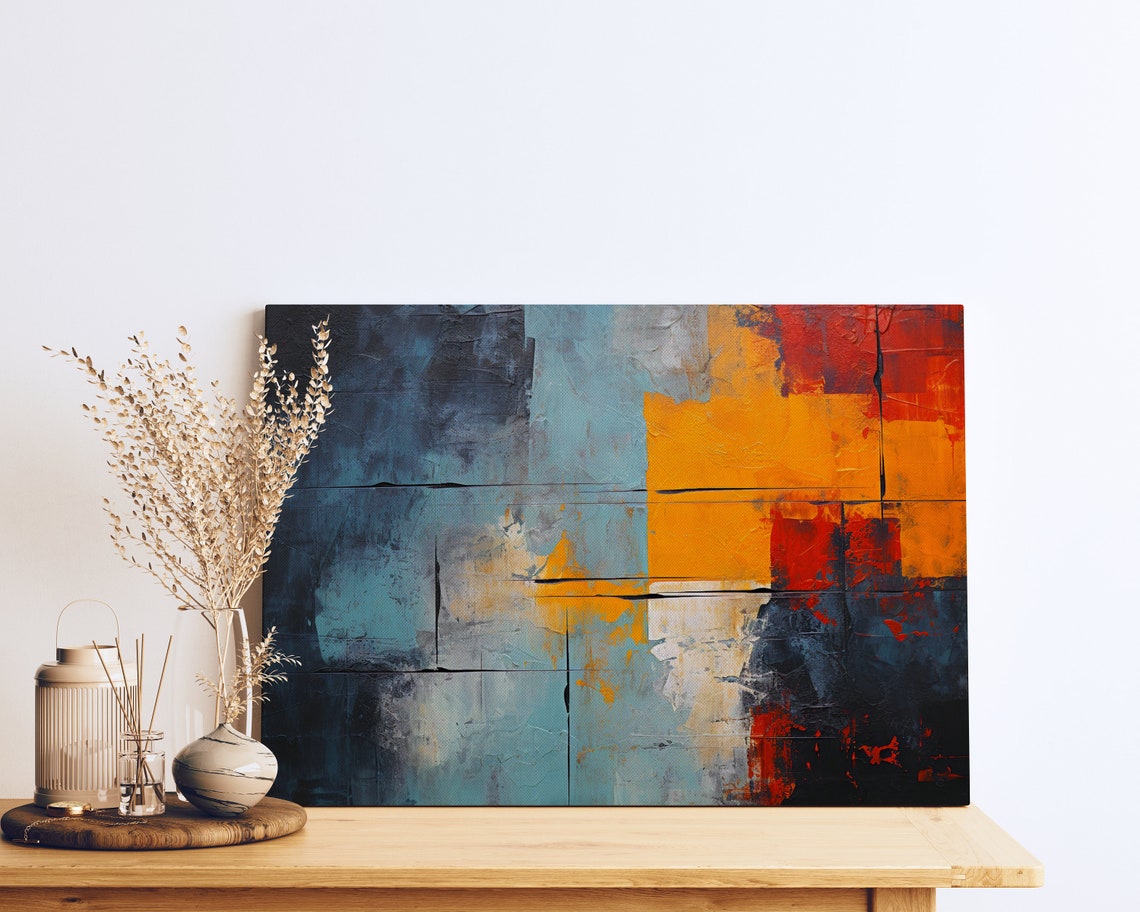 Abstract Mosaic Painting Blue and Orange Squares City Poster
