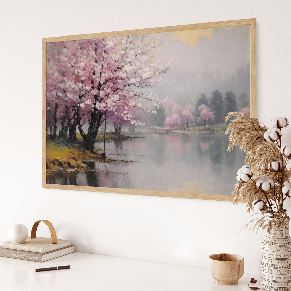 Pink Cherry Blossoms Painting Misty Lake Soft Reflection Poster - Image 3