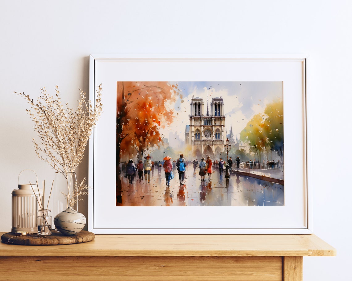 Notre Dame Cathedral Paris Autumn Rain Street Watercolor Poster