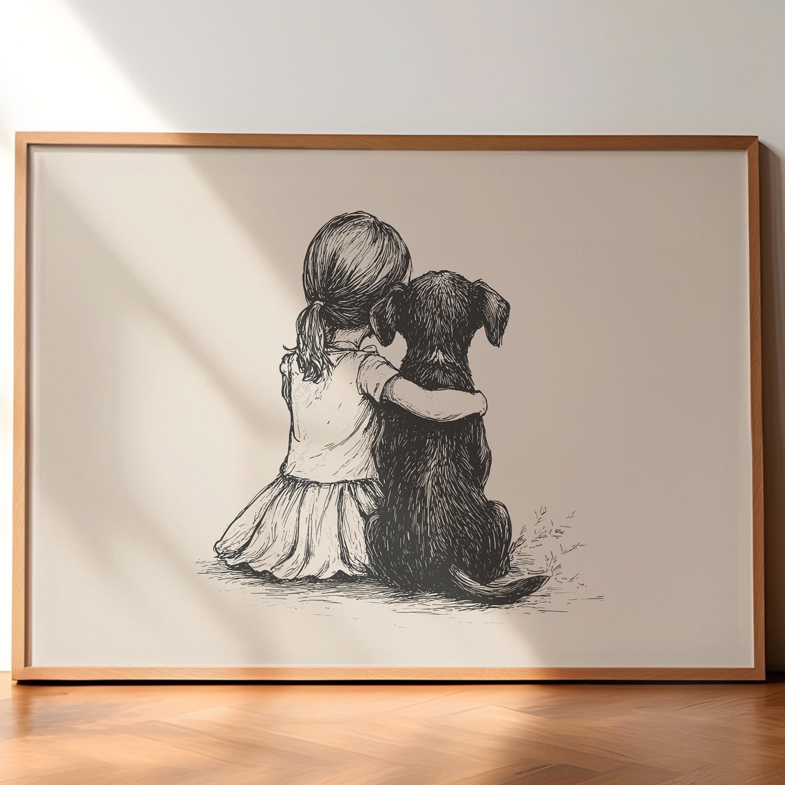 Girl And A Dog Vintage Print Dog Vintage Art Antique Vintage Painting Farmhouse Wall Decor Country Wall Art Dog Drawing Dog Wall Art