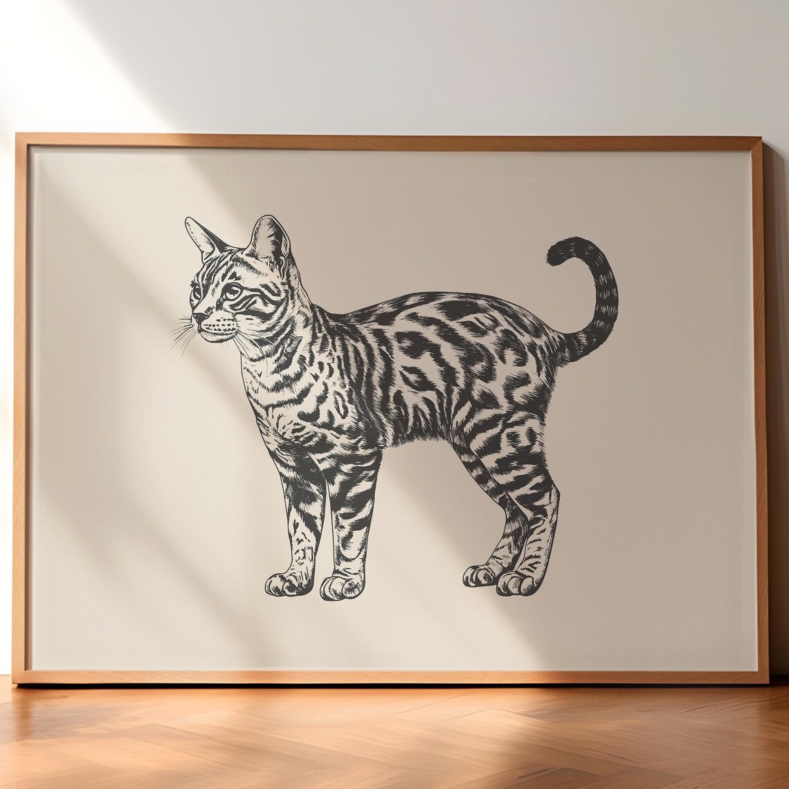 Bengal Cat Standing Profile Vintage Ink Drawing Animal Poster