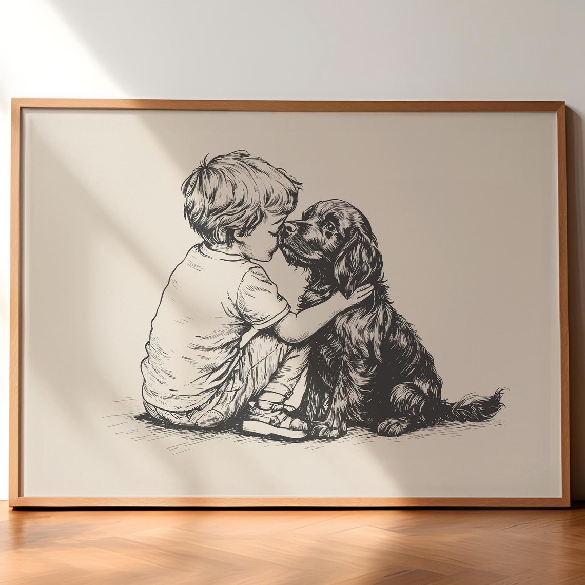 Boy And A Dog Vintage Print Spaniel Antique Painting Farmhouse Wall Art Dog Sketch Country Wall Decor Dog Drawing Dog Wall Art