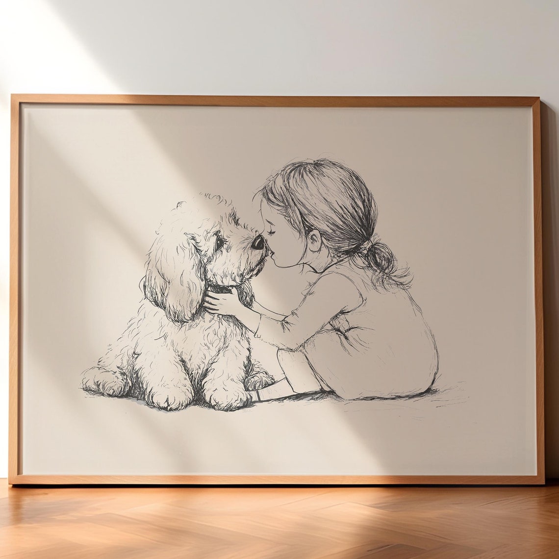 Girl And A Goldendoodle Print Dog Vintage Art Antique Vintage Painting Farmhouse Wall Decor Country Wall Art Dog Drawing Dog Wall Art