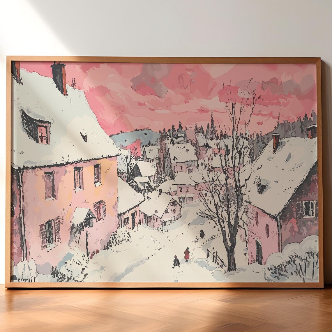 Pink Christmas Poster Xmas Village Vintage Print Winter Painting Holiday Drawing Christmas Wall Decor Farmhouse Christmas Art