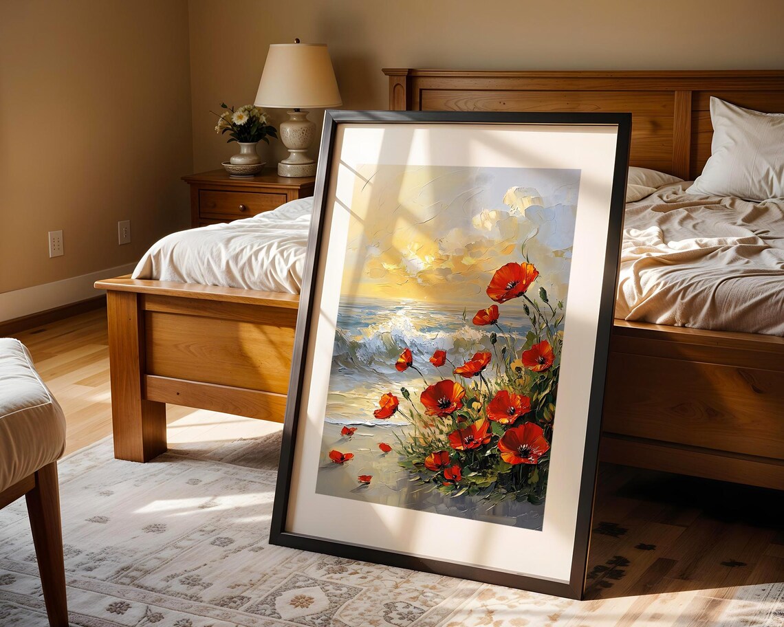 Red Poppies at Sunset Coastal Oil Painting Floral Seascape Poster - Image 4