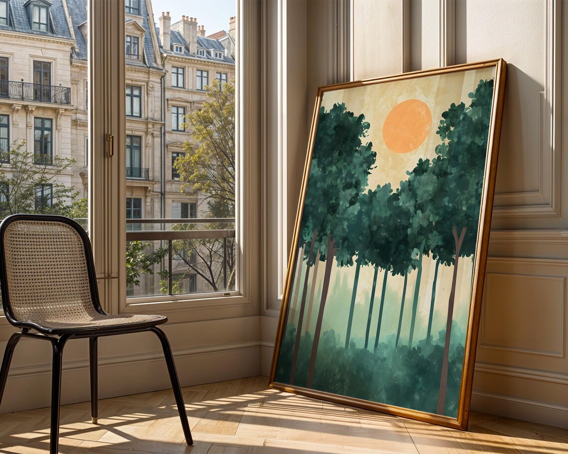 Green Forest Orange Sun Minimalist Watercolor Landscape Art Poster - Image 3