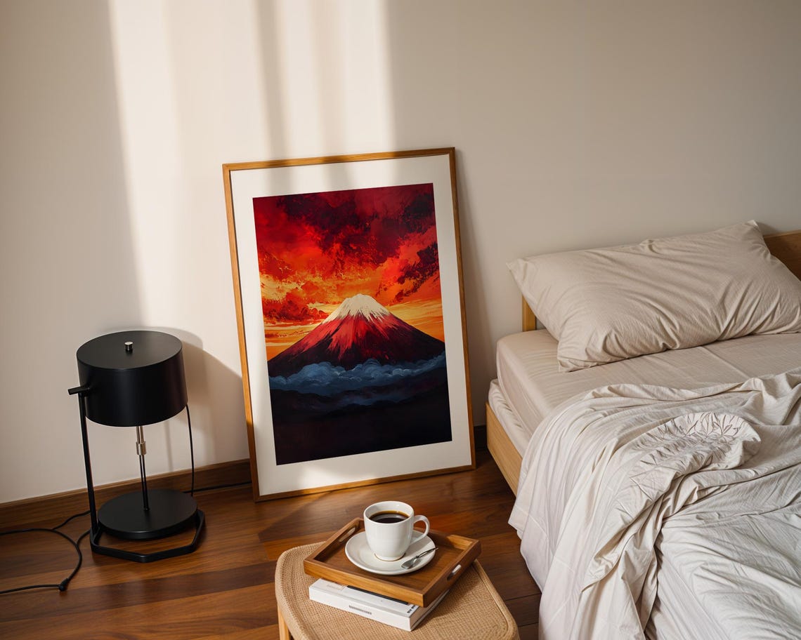 Fiery Mount Fuji Sunset Red Sky Japanese Mountain Painting Poster - Image 3