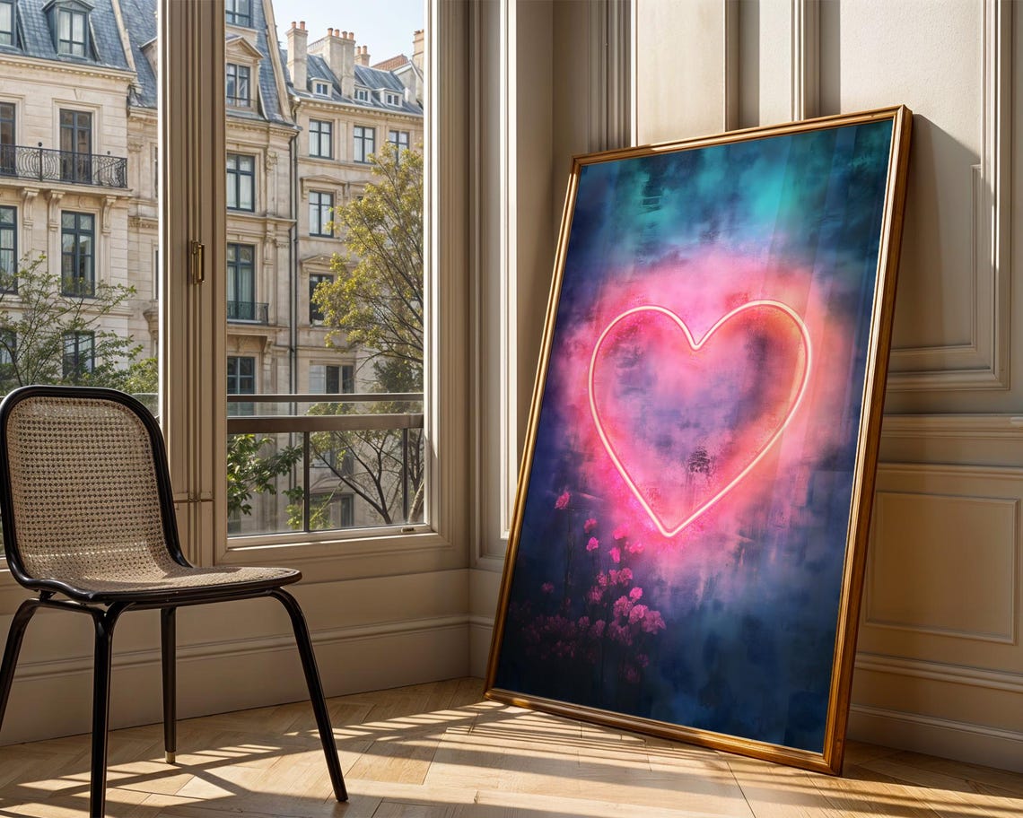 Dreamy Neon Pink Heart Glowing Night Sky Love Romantic Art Print - Image 3