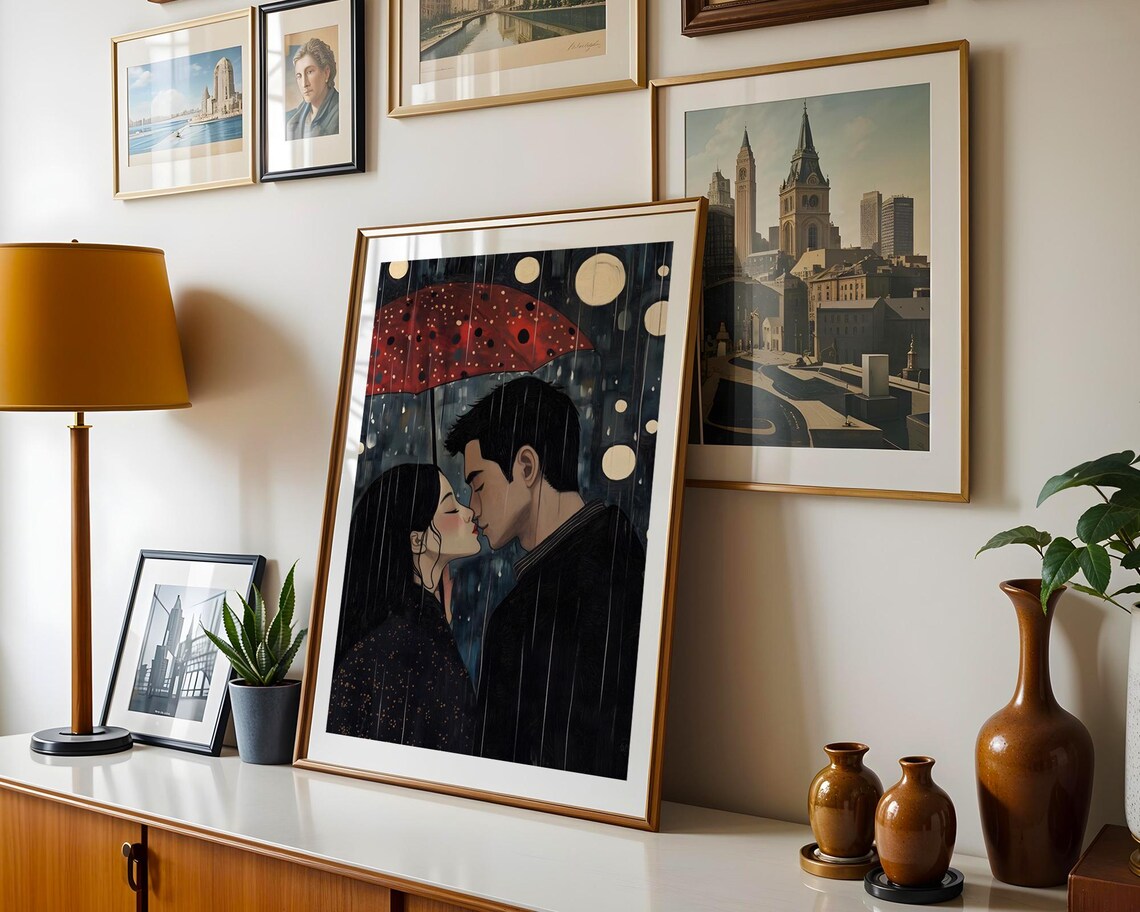 Romantic Couple Kissing Under Red Umbrella In Rainy Night City Poster - Image 5