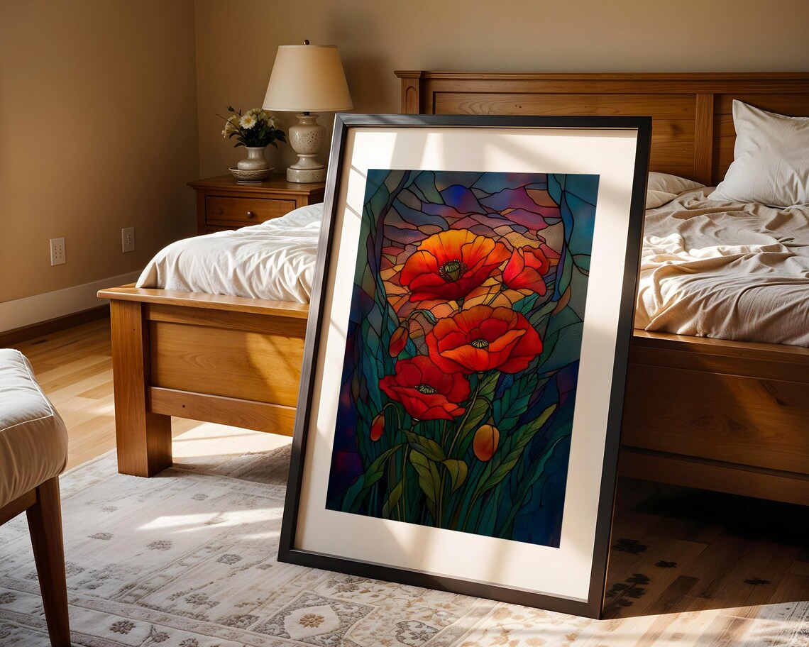 Vivid Glowing Red Poppies Stained Glass Style Floral Decor Poster - Image 4