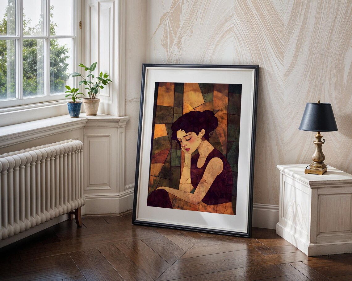 Contemplative Woman Cubist Mosaic Warm Earth Tones Art Poster - Image 4
