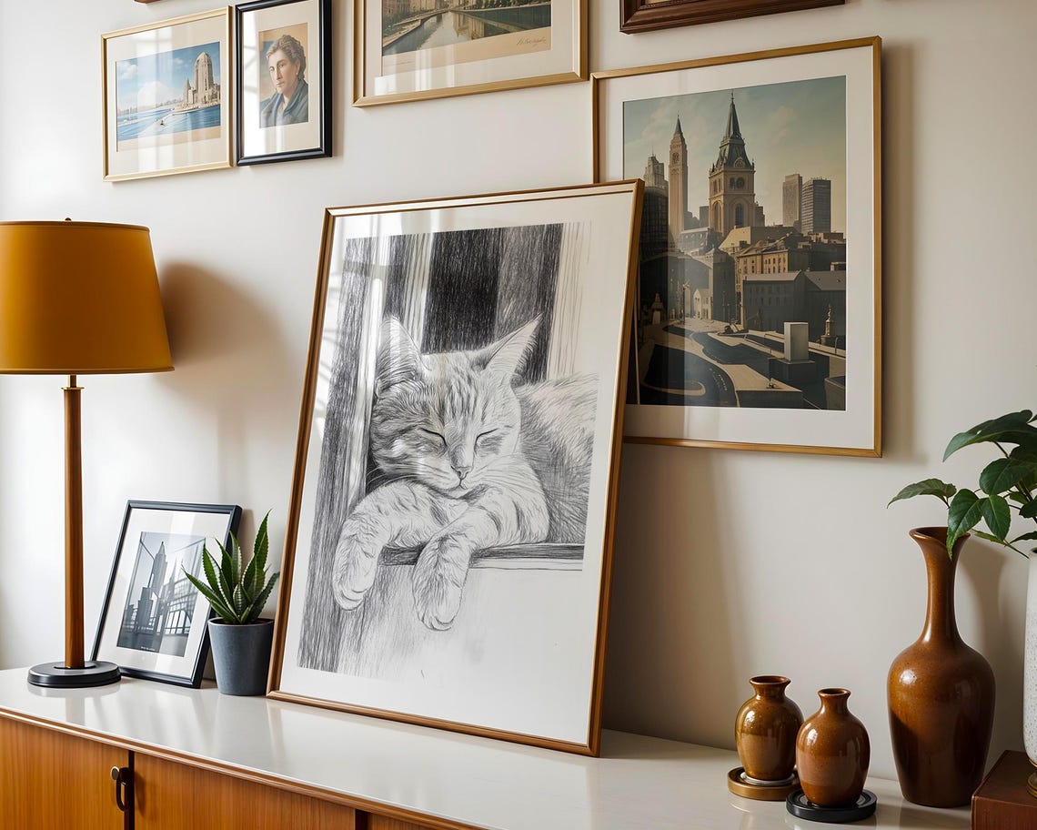 Sleeping Tabby Cat Pencil Sketch Window Sleeping Kitten Art Poster - Image 5
