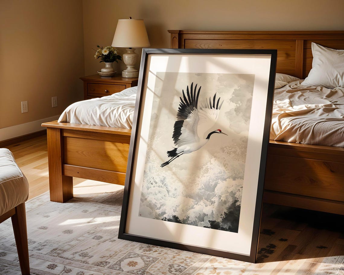 Japanese Crane Bird Flying Ink Wash Ocean Wave Asian Art Poster - Image 4