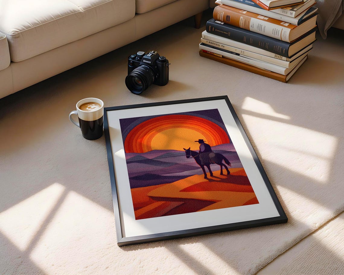 Cowboy On Horseback Sunset Western Desert Pointillist Poster - Image 5
