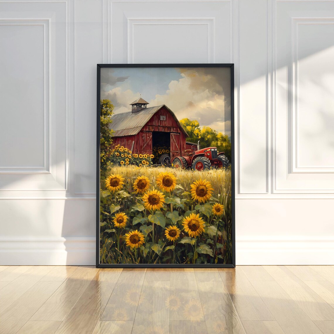 Sunflower Field Red Barn Tractor Farm Landscape Painting Poster