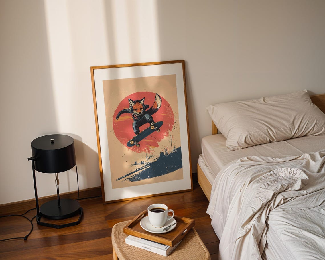 Skateboarding Fox Red Sun Circle Vintage Inspired Retro Skater Poster - Image 2