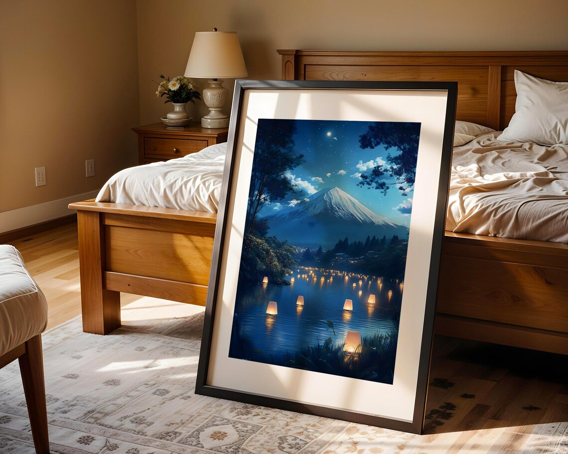 Mount Fuji Night Lantern Festival Lake Starry Sky Art Poster - Image 4