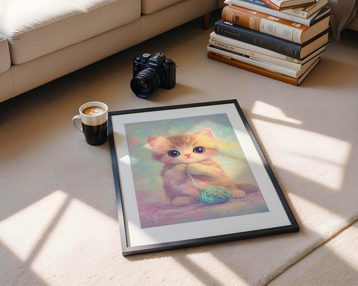 Cute Fluffy Kitten Playing Yarn Ball Pastel Nursery Art Poster - Image 5