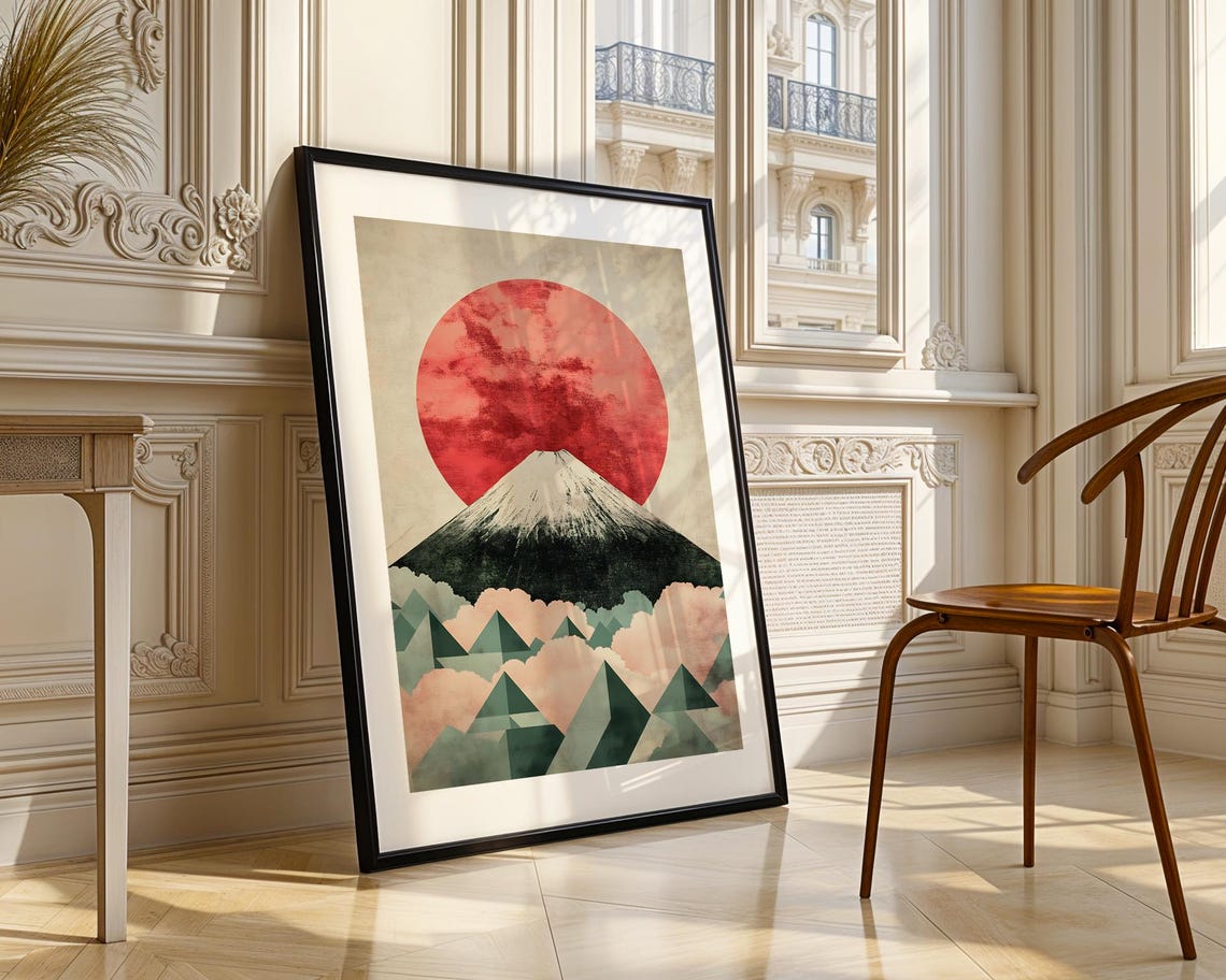 Mount Fuji Under Giant Red Sun Modern Geometric Japanese Poster - Image 3