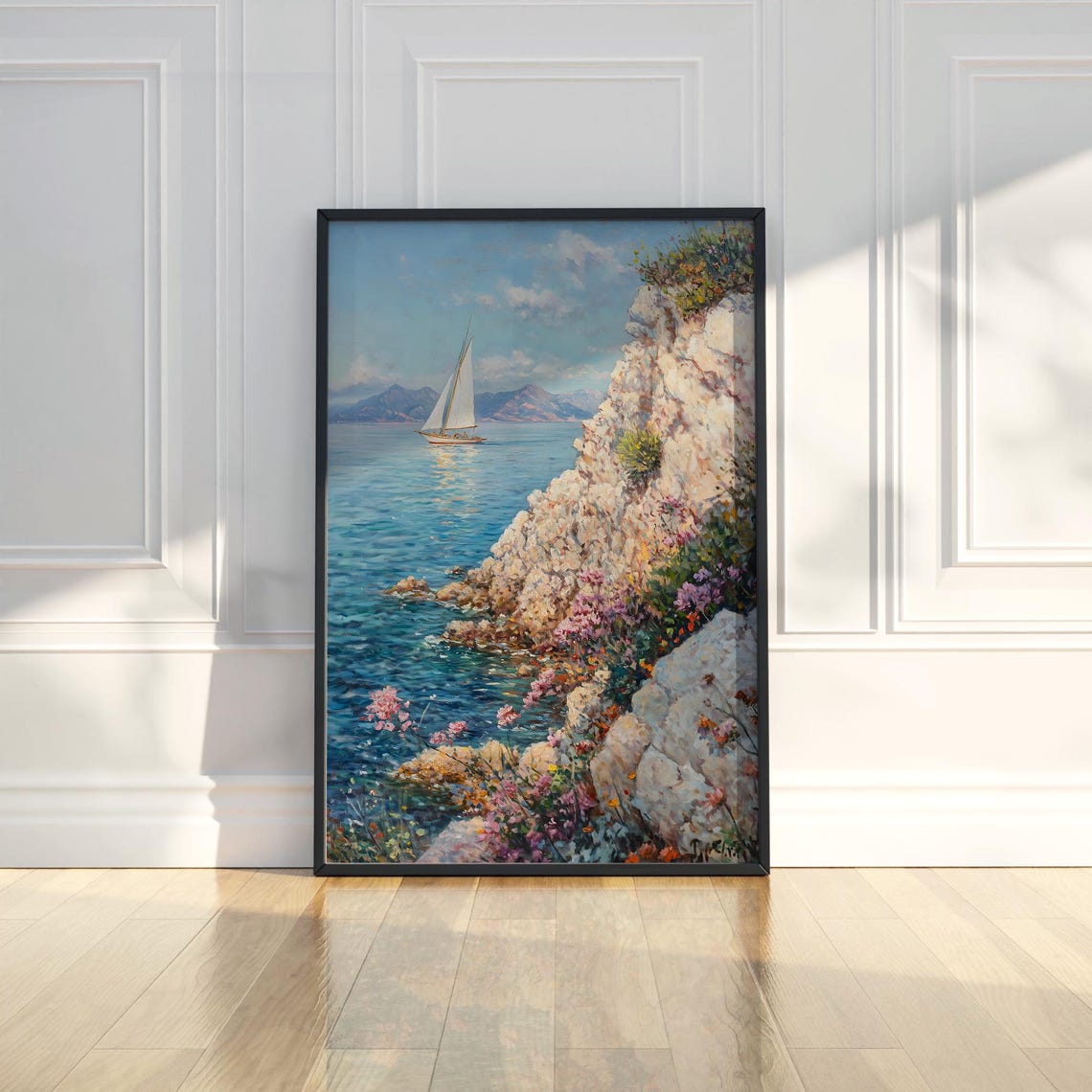 Sailboat by Rocky Flowered Coast Impressionist Oil Painting Poster