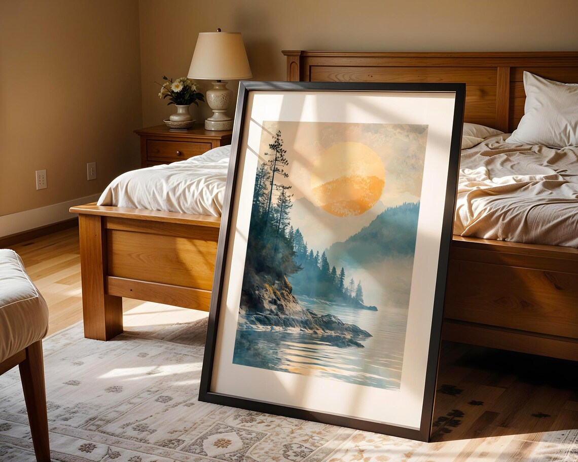 Misty Lakeside Pines Golden Sun Calm Watercolor Landscape Poster - Image 4