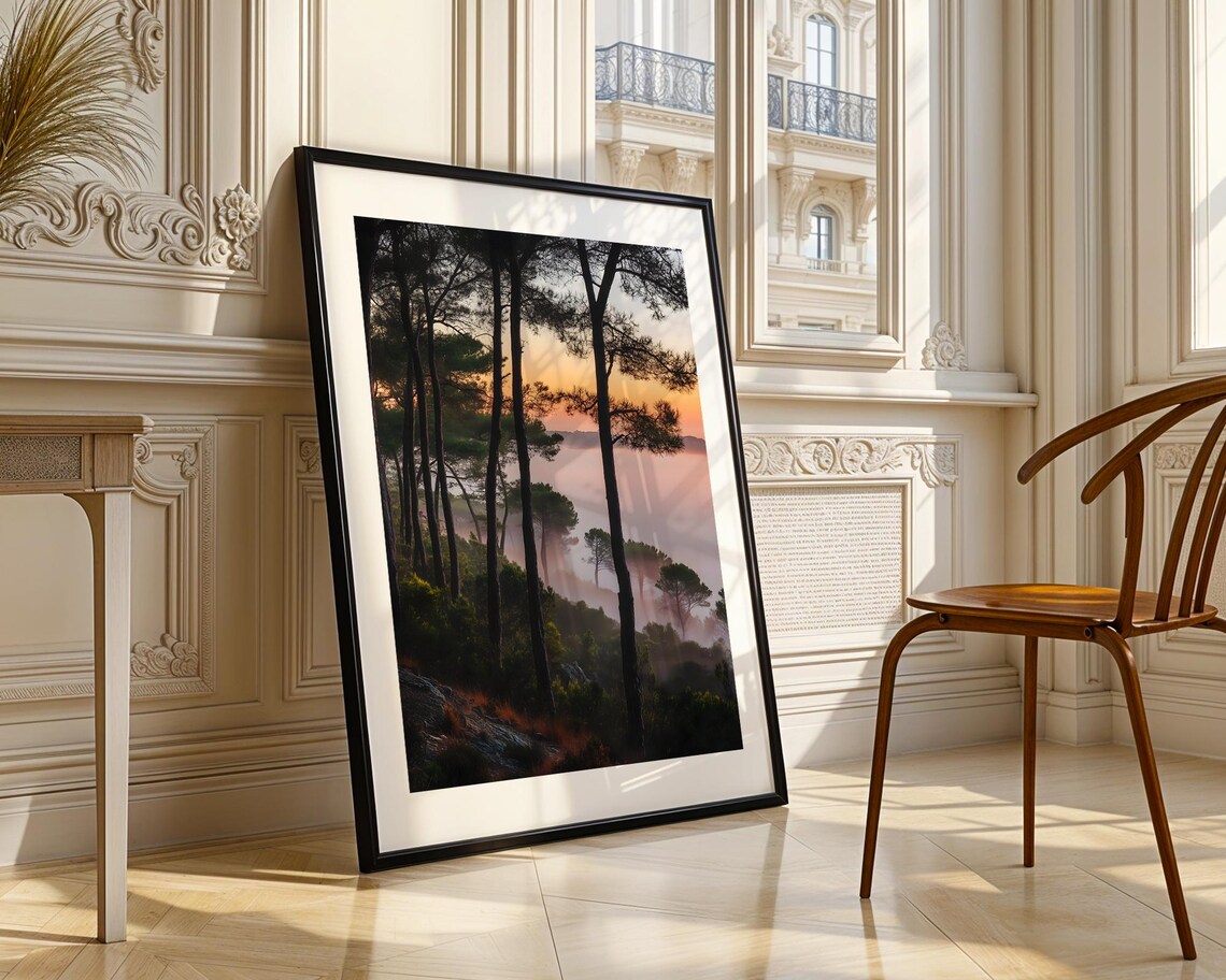 Atmospheric Misty Pine Forest Sunrise Foggy Valley Landscape Poster - Image 3