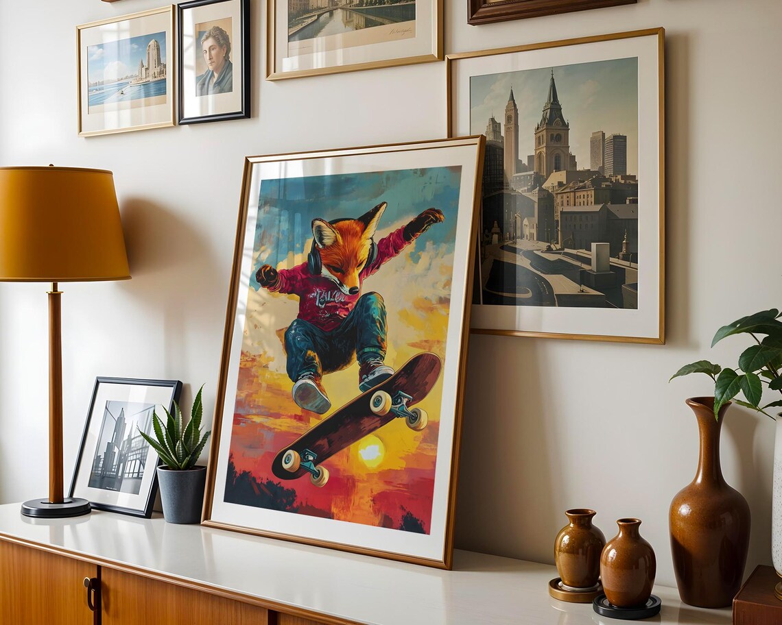 Skateboarding Fox Headphones Sunset Sky Warm Orange Skater Poster - Image 2
