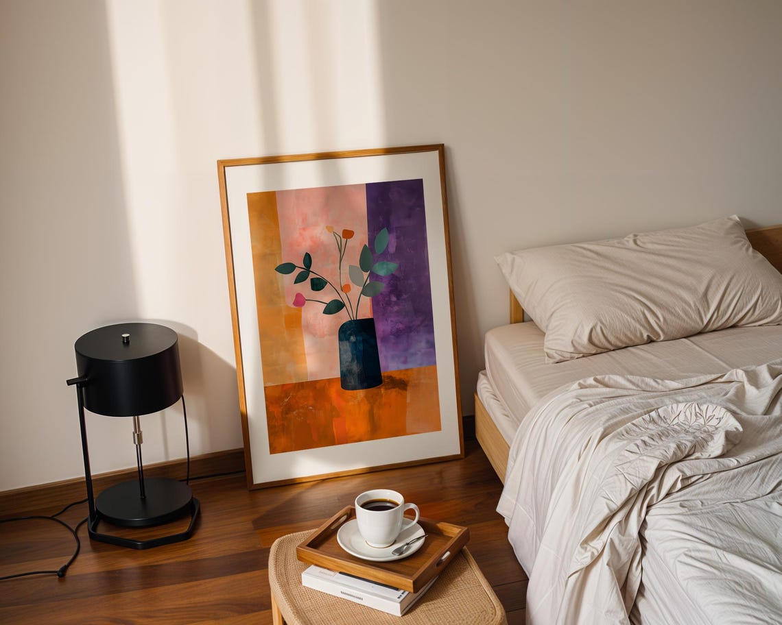 Abstract Blue Vase Floral Still Life Colorful Modern Art Print - Image 2