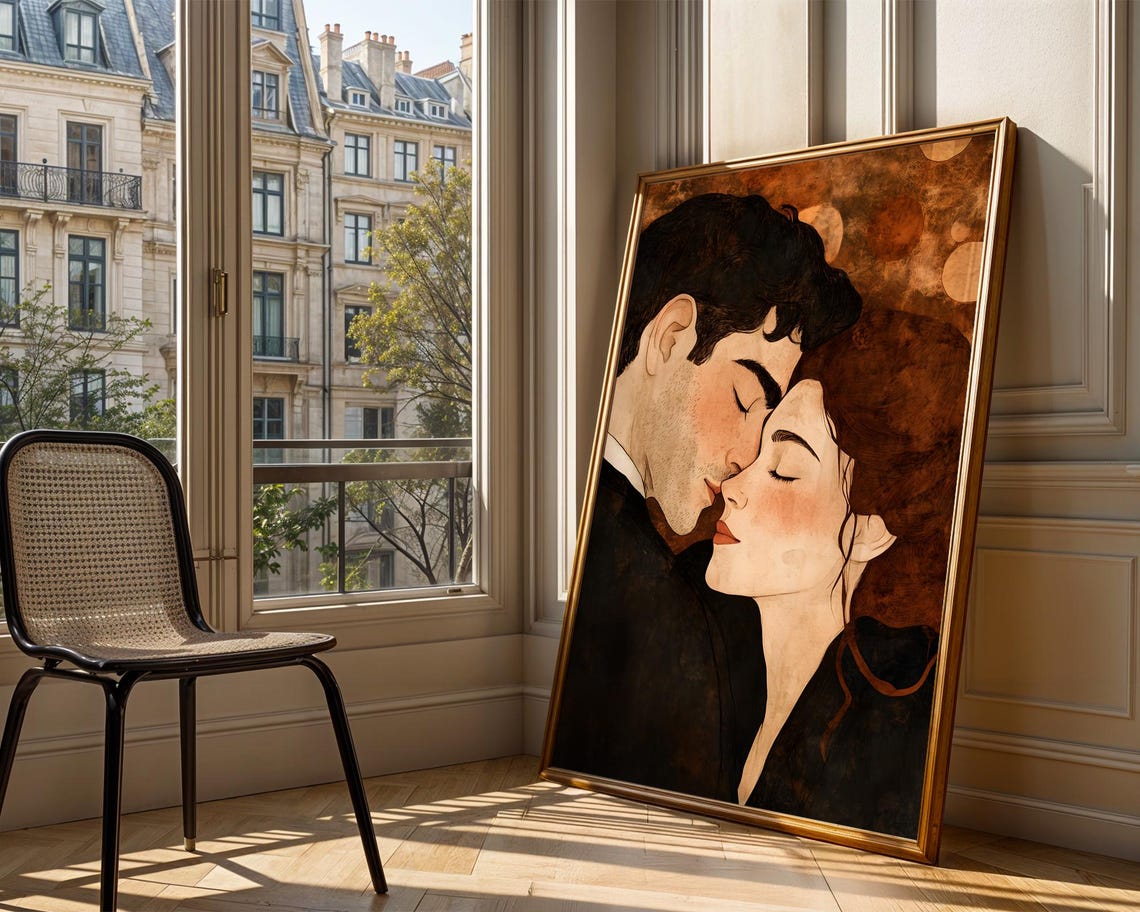 Golden Klimt Style Couple Embrace Intimate Romantic Art Poster - Image 3