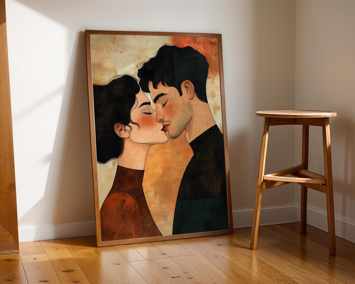 Romantic Couple Kiss Warm Orange Stylized Love Illustration Poster