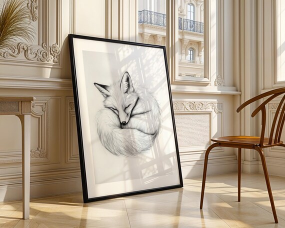 Sleeping Fox Curled Up Monochrome Pencil Sketch Cute Wildlife Poster