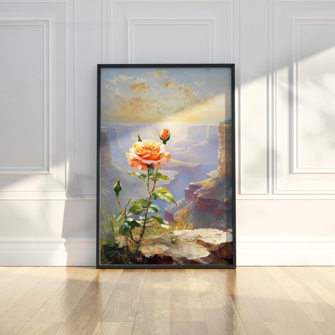 Peach Rose Canyon Sunset Cliff Floral Oil Style Painting Poster