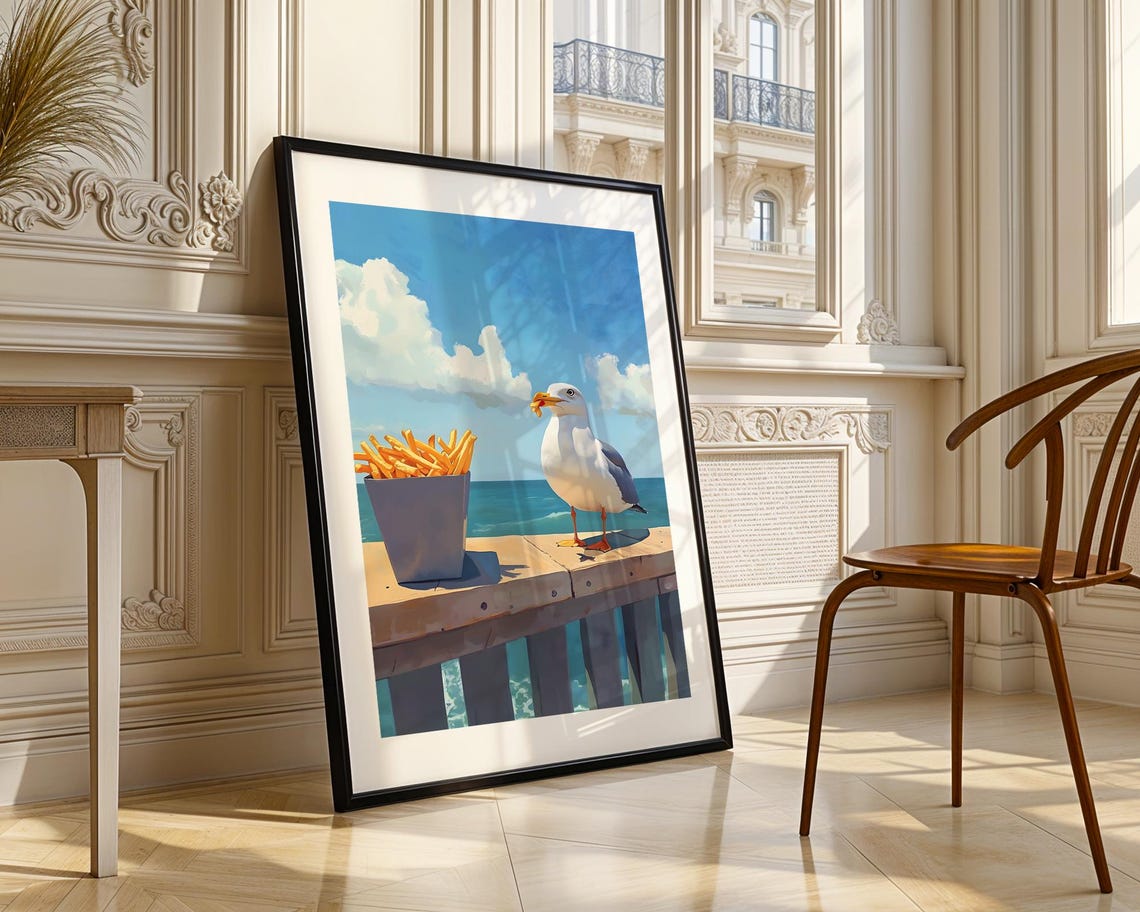 Seagull Stealing French Fries Sunny Pier Ocean Beach Humor Poster