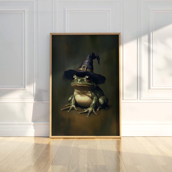 Whimsical Frogs Witch Hats Wall Art Print Spooky Halloween Creatures Modern Home Decor Fantasy Animal Illustration Quirky Funny Artwork Gift