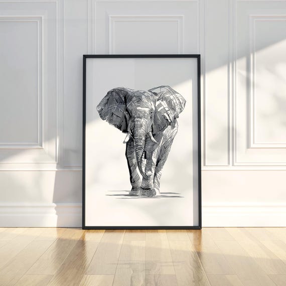 Elephant Ink Sketch Line Art Simple Animal Illustration Draw Trendy Poster Wall Print Modern Home Decor Gift