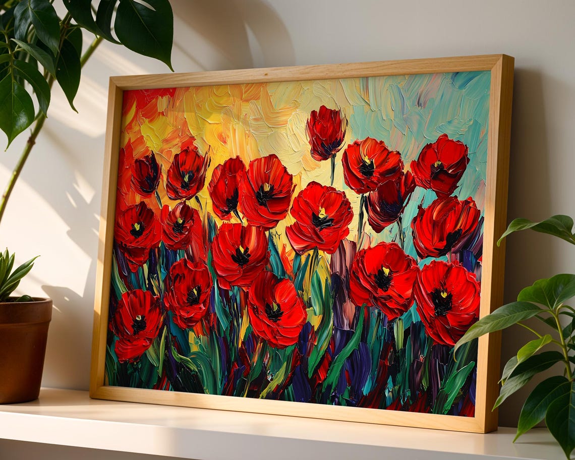Red Poppies Impasto Oil Painting Bold Floral Field Artwork Poster - Image 5