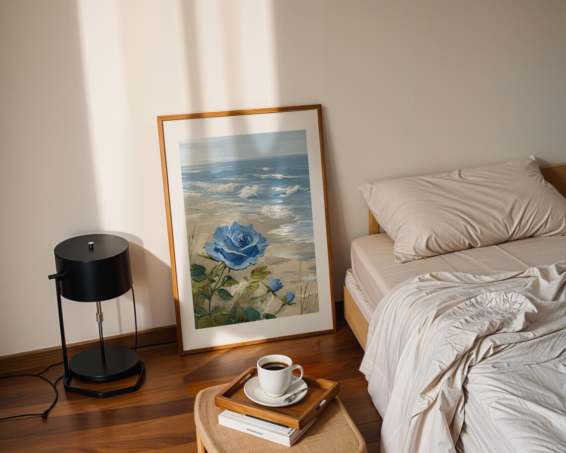 Blue Rose Beach Seascape Ocean Waves Coastal Oil Painting Poster - Image 2