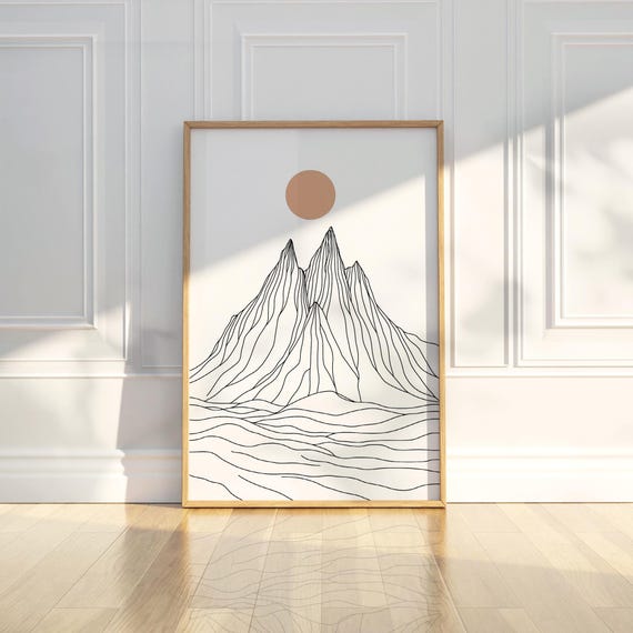 Minimalist Mountain Line Drawing Sketch Wall Art Print Abstract Landscape Nature Sun Circle Black White Simple Home Decor Modern Beige Gift
