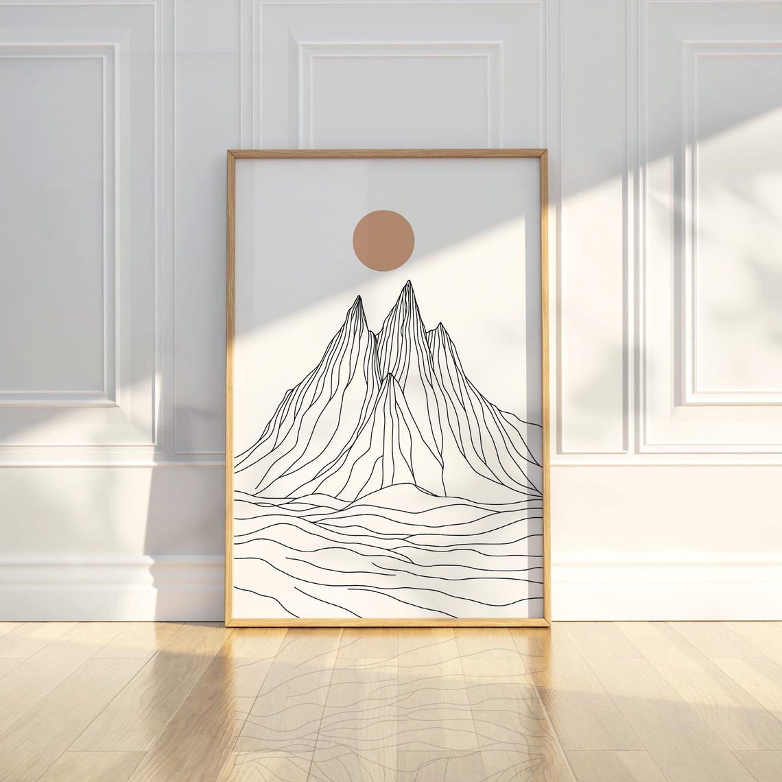 Minimal Mountain Line Drawing with Terracotta Sun Art Poster