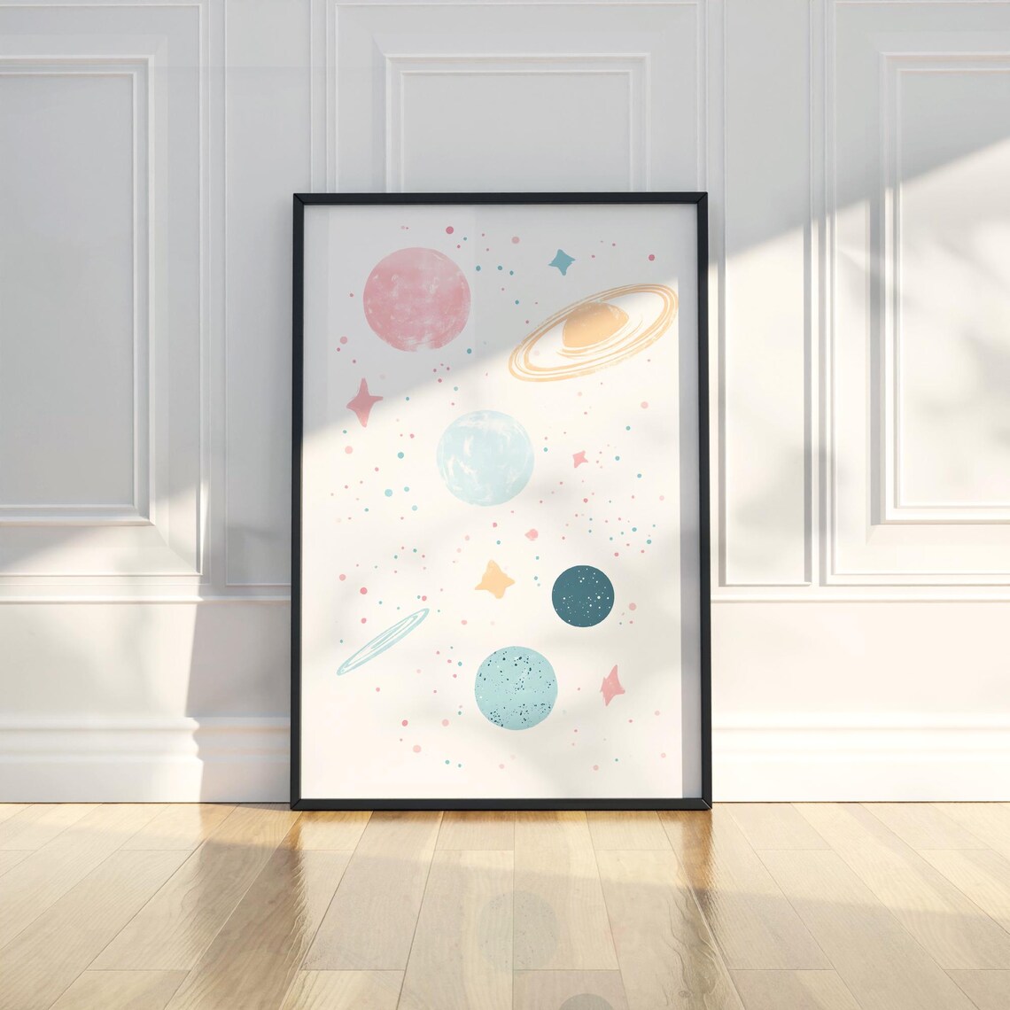 Cute Pastel Planets Stars Minimalist Nursery Space Art Poster