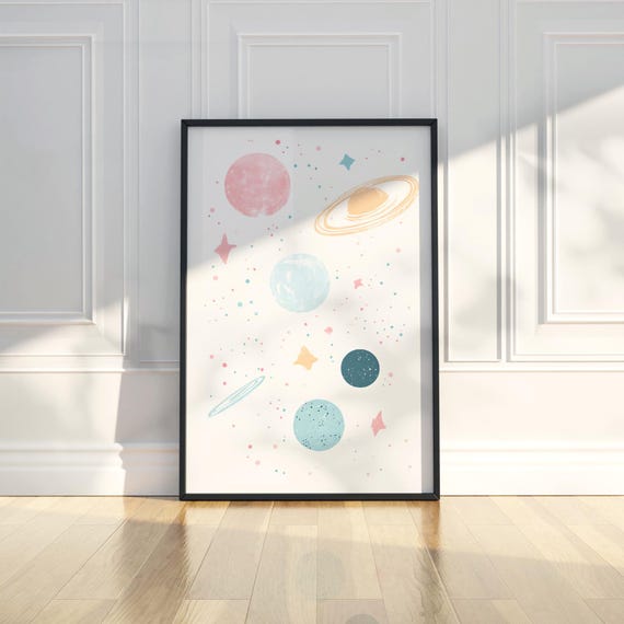 Cute Pastel Space Art Print Minimalist Planets Stars Nursery Decor Kids Play Room Celestial Wall Gift For Baby Boy Girl