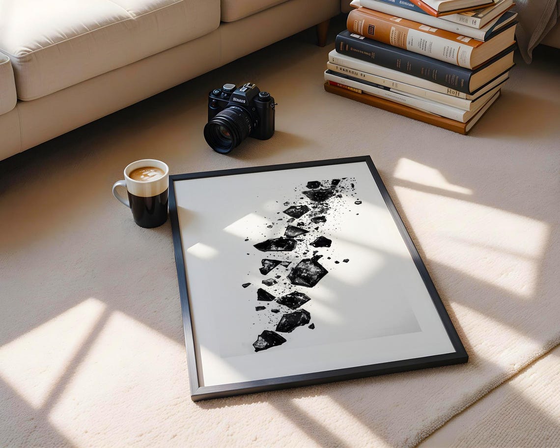 Striking Shattered Black Rock Fragments Abstract Ink Art Poster