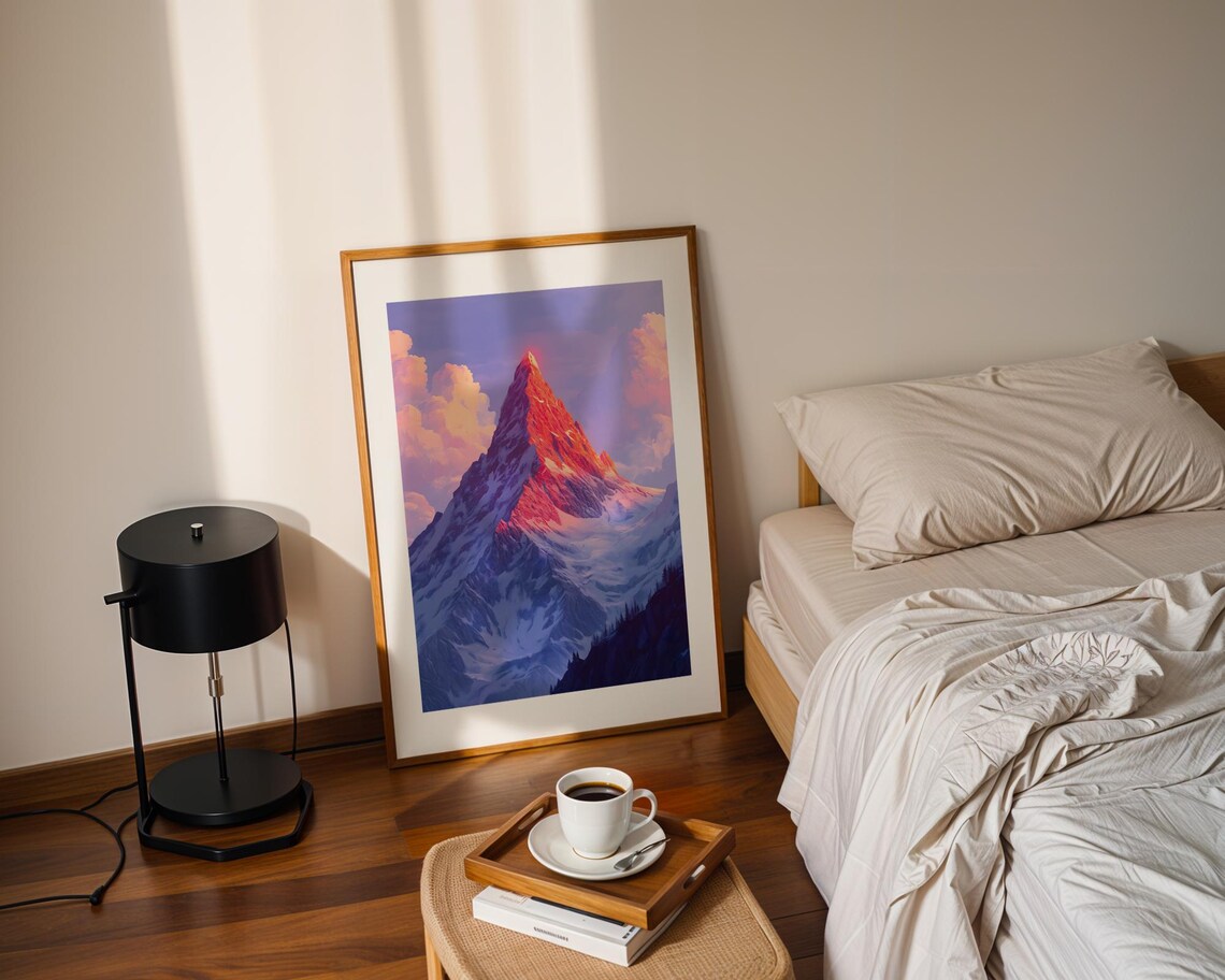 Snowy Mountain Peak at Sunrise Art Poster with Pink Alpenglow - Image 2