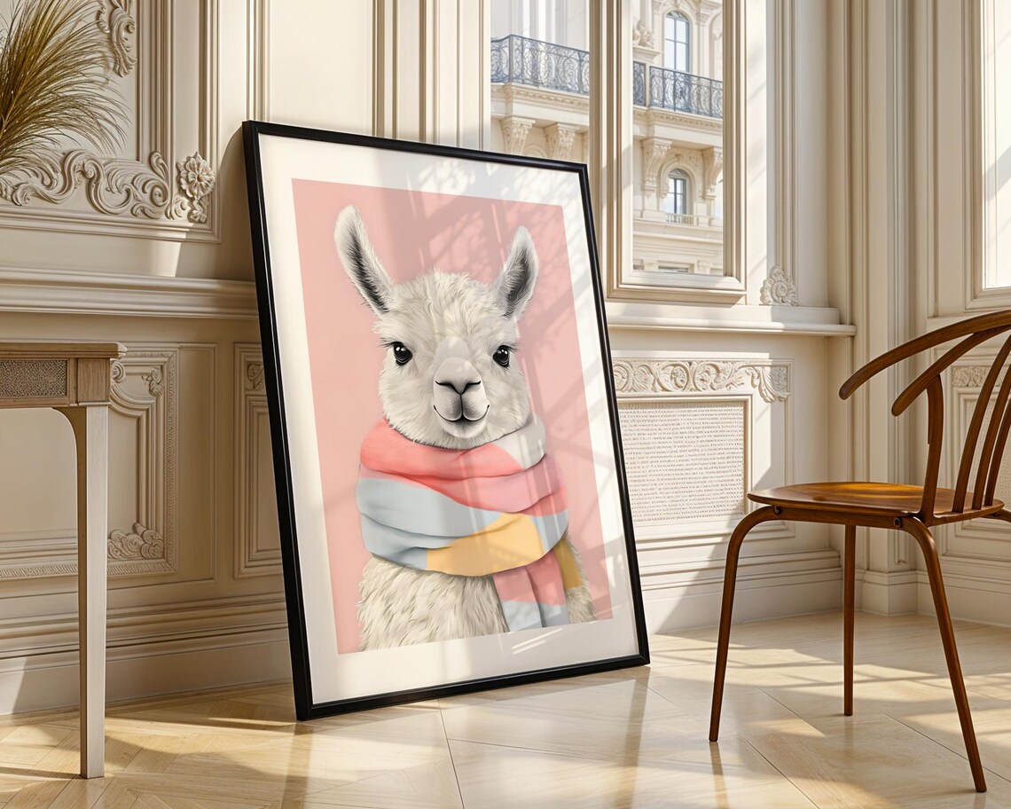 Cute Llama Wearing Colorful Pastel Scarf Soft Pink Animal Wall Art - Image 3
