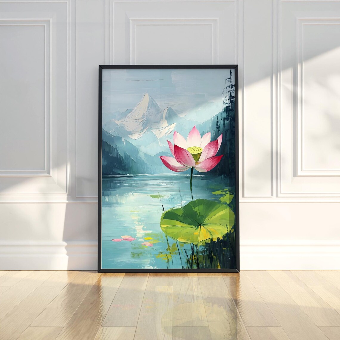 Pink Lotus Flower Serene Lake Mountain Landscape Oil Painting Poster