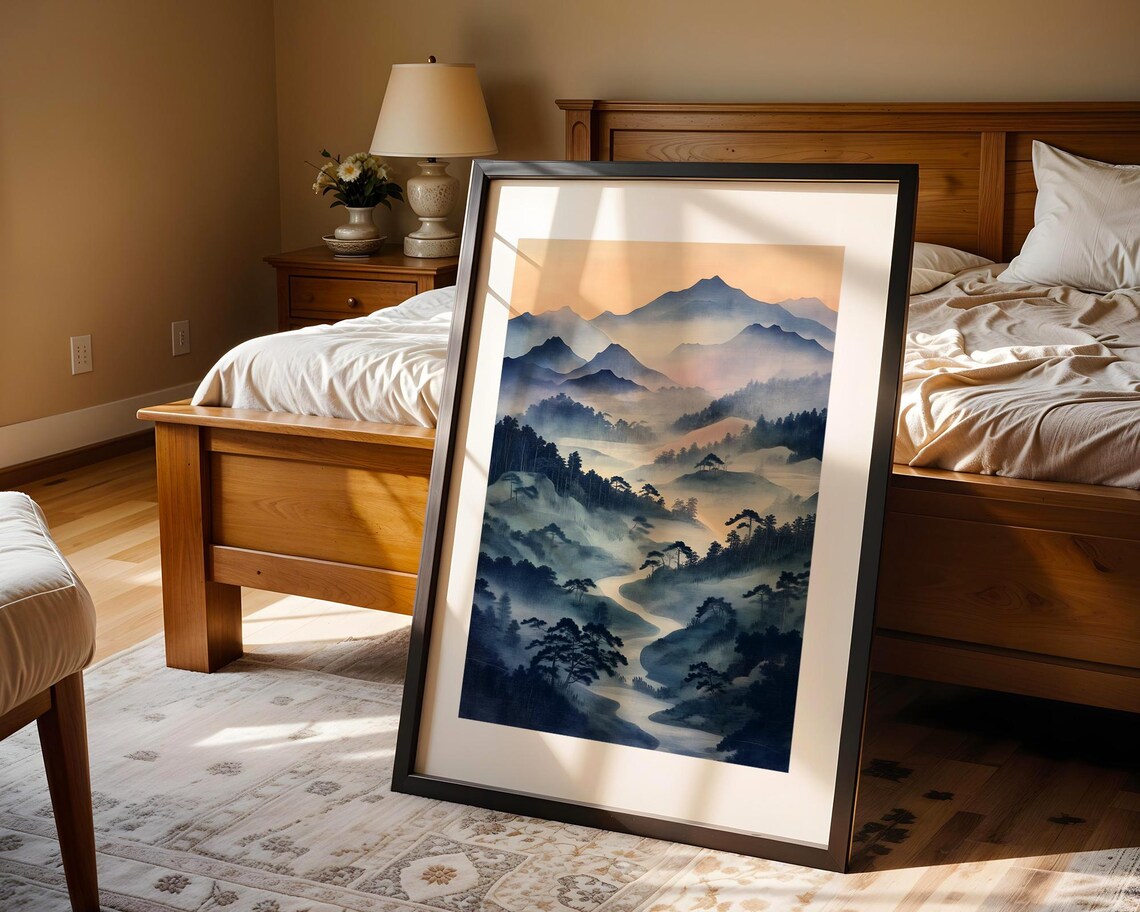 Misty Blue Mountain Valley River Japanese Watercolor Art Poster - Image 4